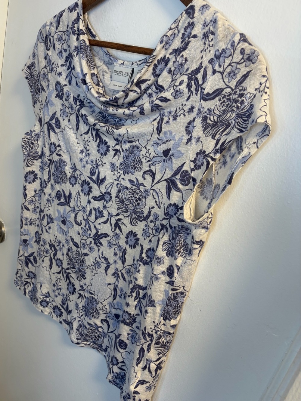 Rachel Zoe 100% Linen Floral Top Women’s L Blue Ivory Cowl Neck Blouse - Picture 4 of 12